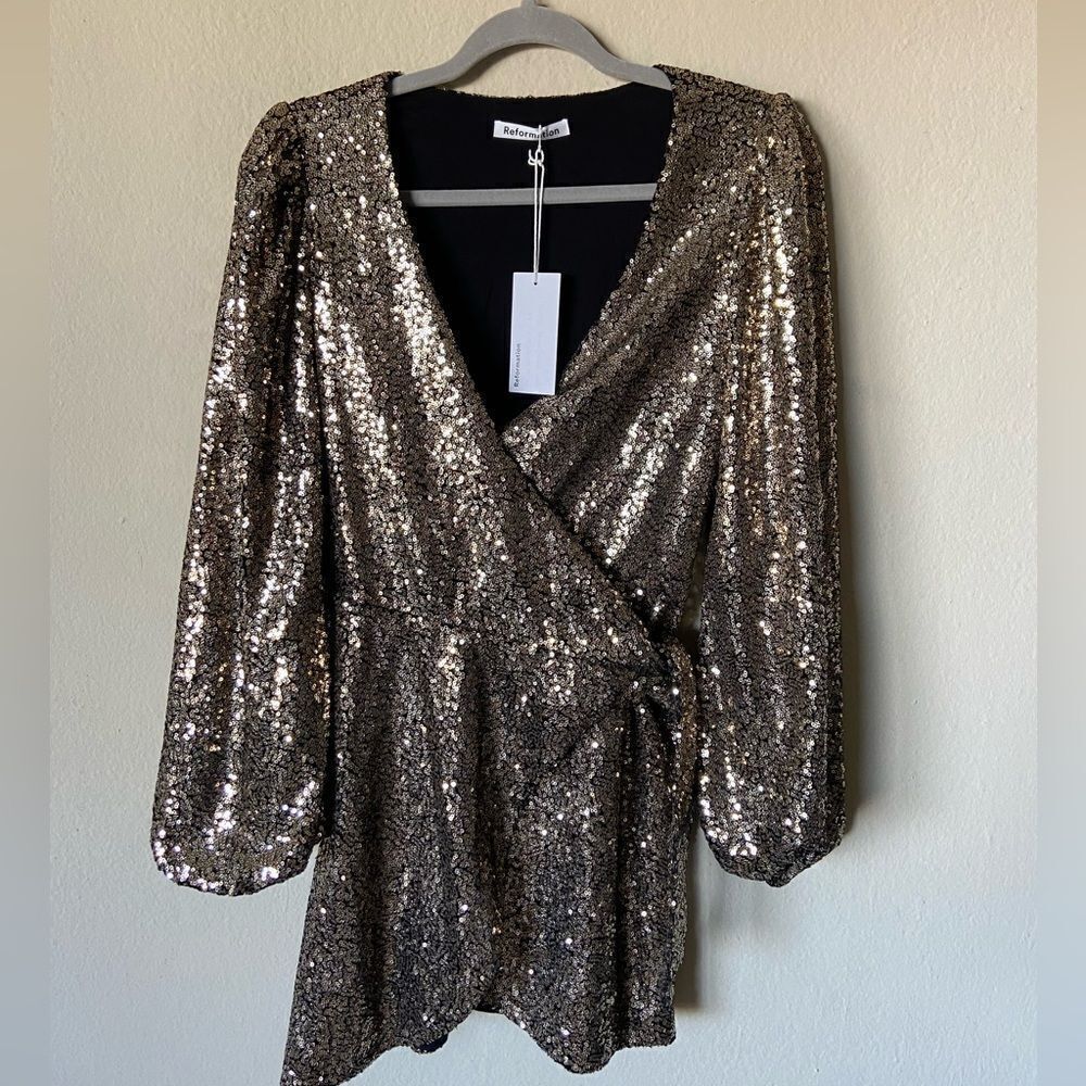 NWT Reformation Holiday Jazzy Mini Gold Dress Size XS - Picture 7 of 10